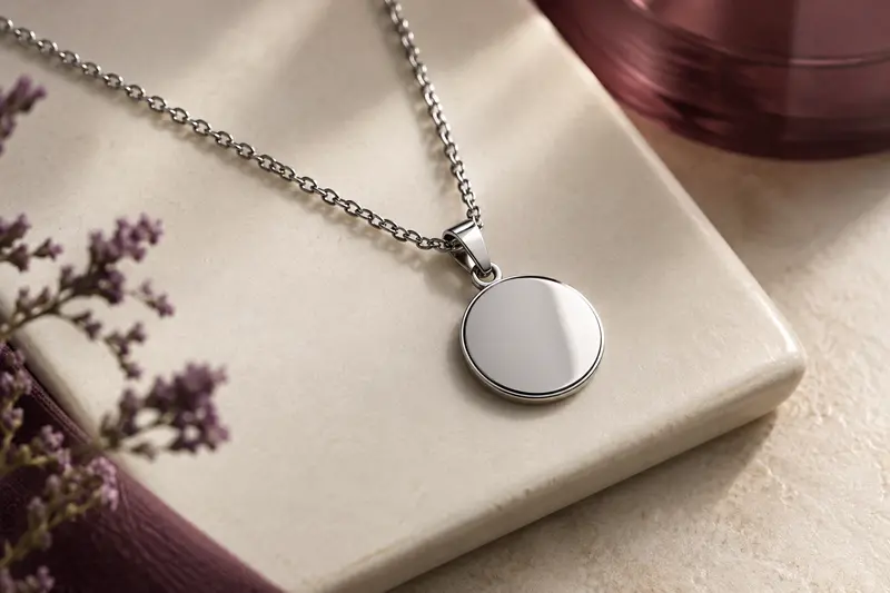 Collier à pendentif médaillon posé sur une céramique claire