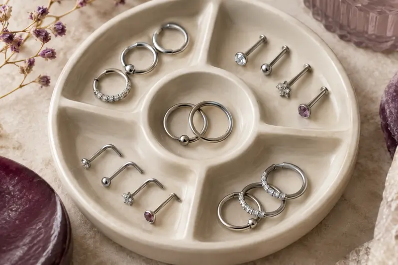 Anneaux et bijoux de nez en acier inoxydable dans un plateau clair