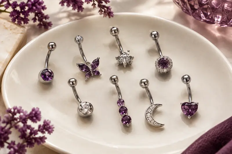 Piercings de nombril en acier inoxydable aux ornements variés sur céramique