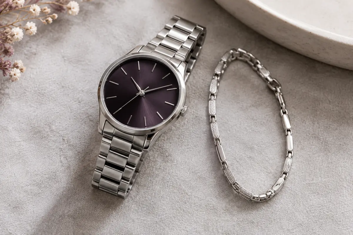 Montre au cadran sombre et bracelet fin en acier inoxydable présentés côte à côte sur un tissu gris.