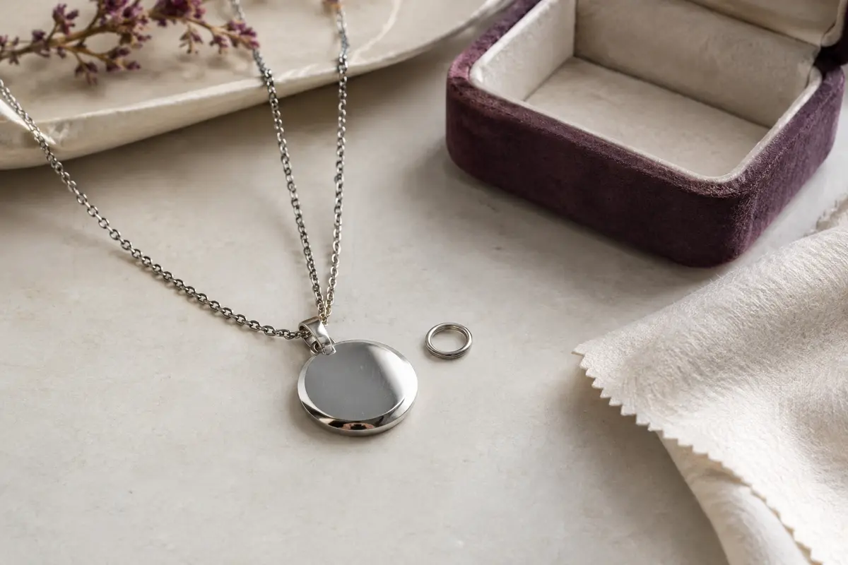 Bijou en acier inoxydable et chiffon doux, observés pour distinguer une rayure d’une usure de finition.