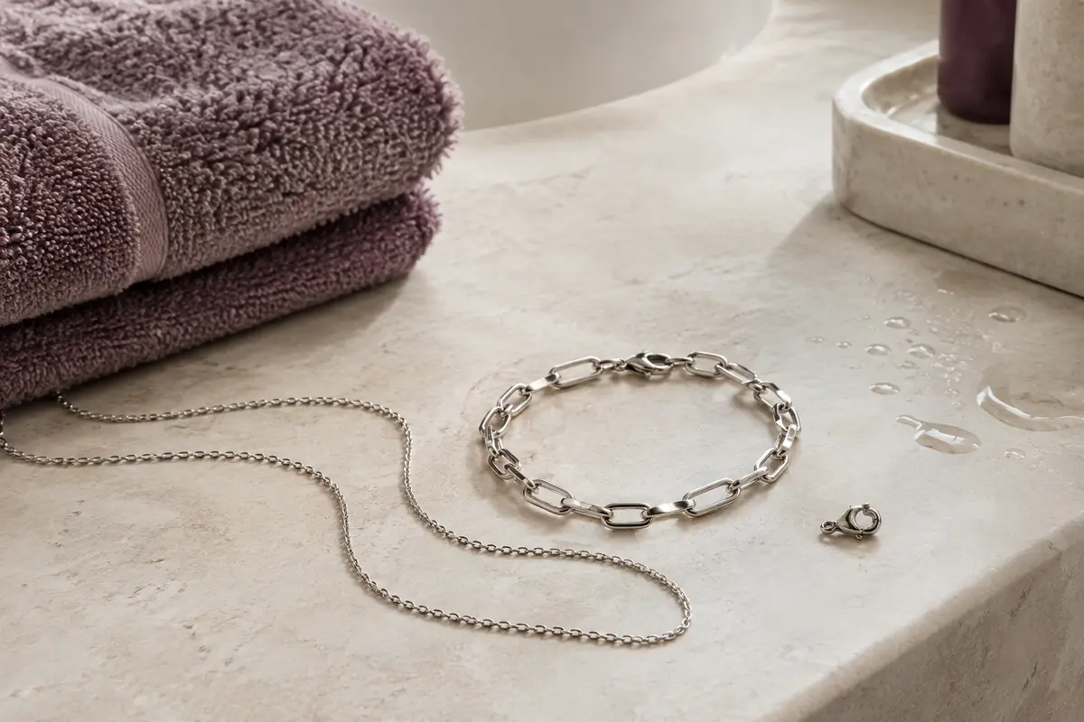 Bijoux en acier inoxydable posés au sec près d’une serviette dans une salle de bain