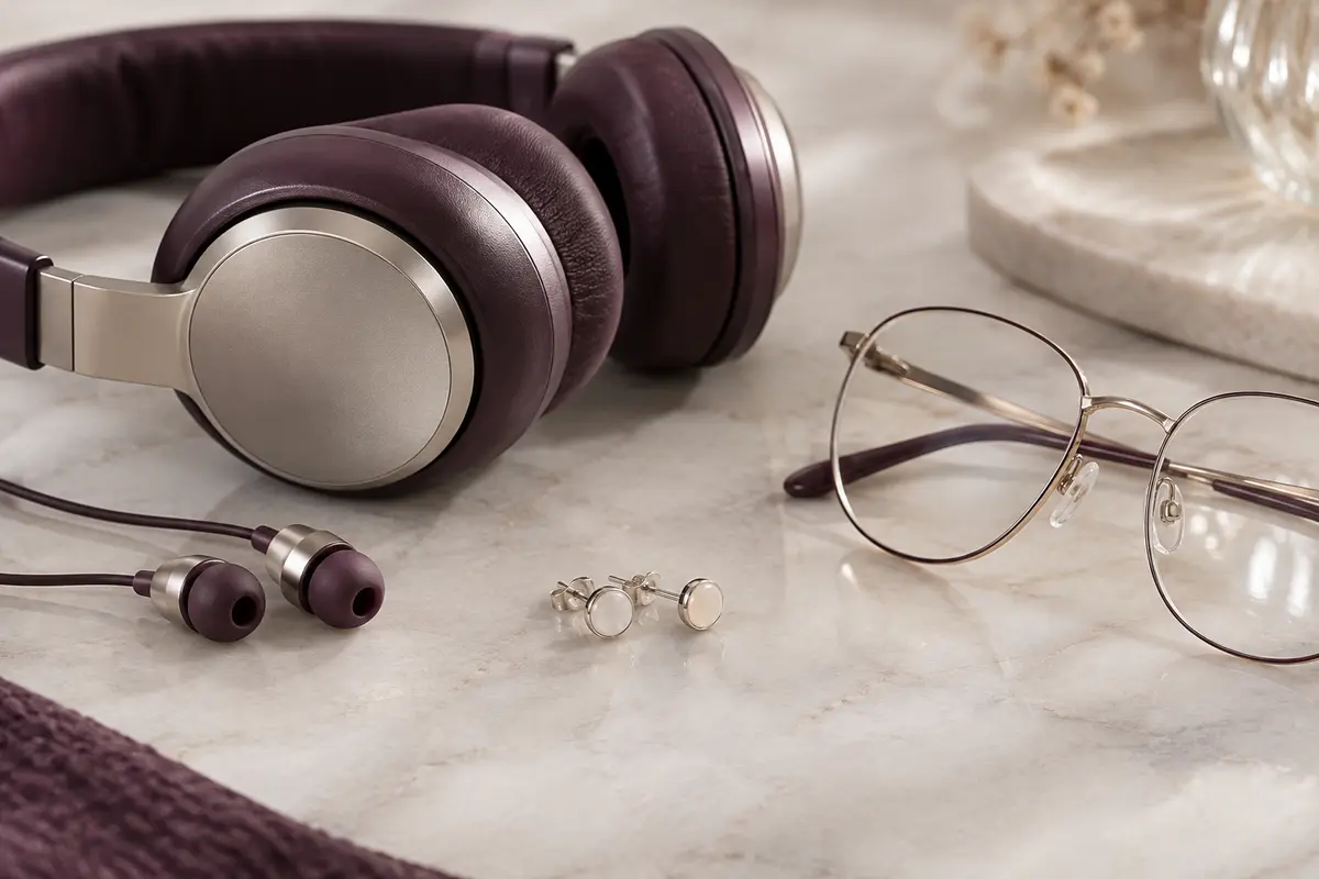 Puces d’oreilles près d’un casque, d’écouteurs et de lunettes pour comparer leur profil et leur fermoir.