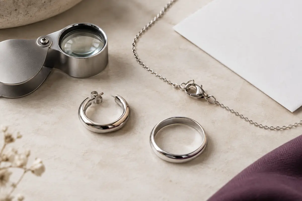 Bijoux en acier inoxydable et loupe disposés pour examiner leurs composants et leurs finitions