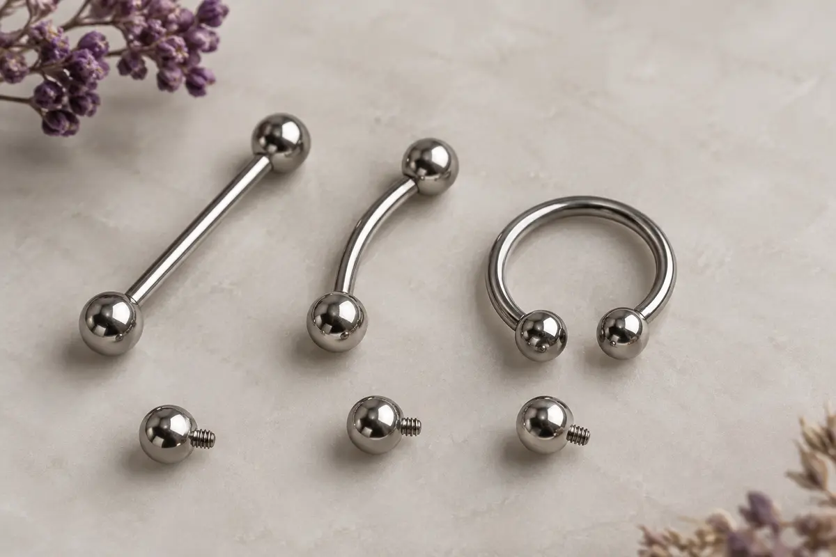 Barbells de piercing en acier inoxydable droits, courbés et circulaires, avec différents embouts