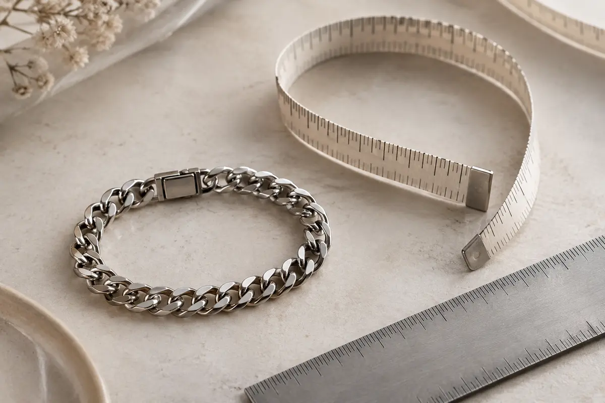 Bracelet chaîne en acier posé près d’un mètre ruban pour illustrer la mesure du poignet