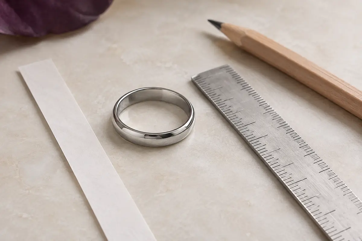 Bague en acier inoxydable posée près d’une bande de papier et d’une règle pour la mesurer