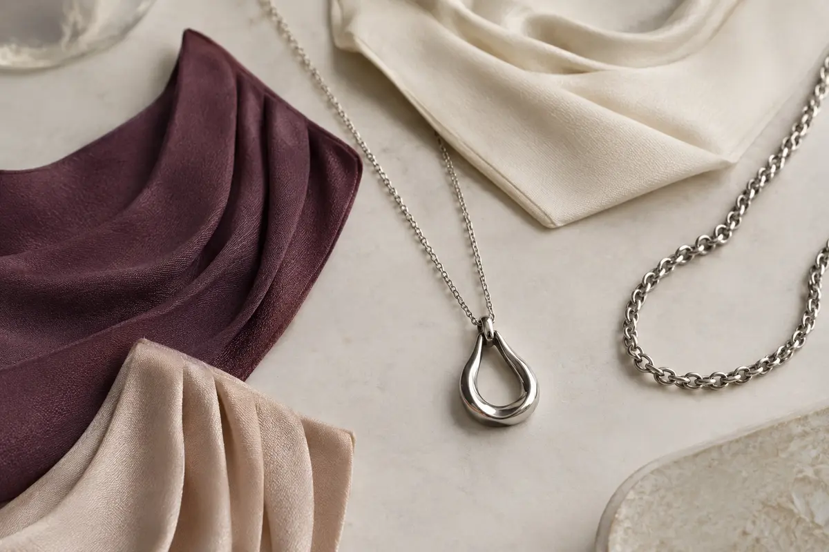 Pendentif en acier inoxydable posé sur un tissu uni à côté de deux chaînes de volumes différents.