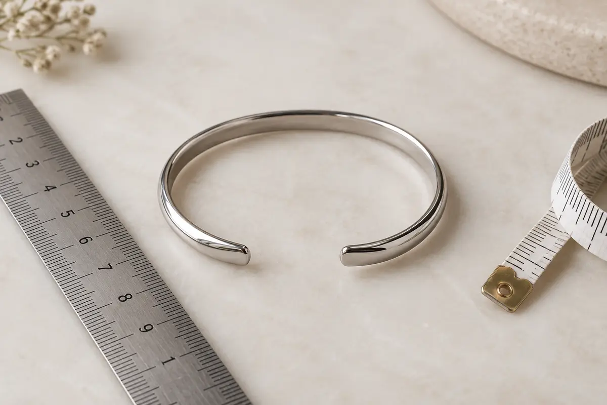 Jonc ouvert en acier posé près d’une règle pour comparer son diamètre intérieur et son ouverture.