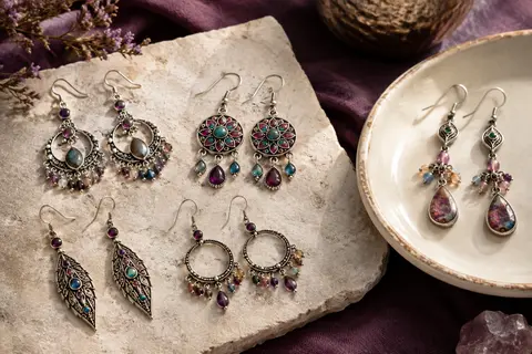 Assortiment de boucles d’oreilles pendantes bohèmes multicolores disposées sur une pierre claire