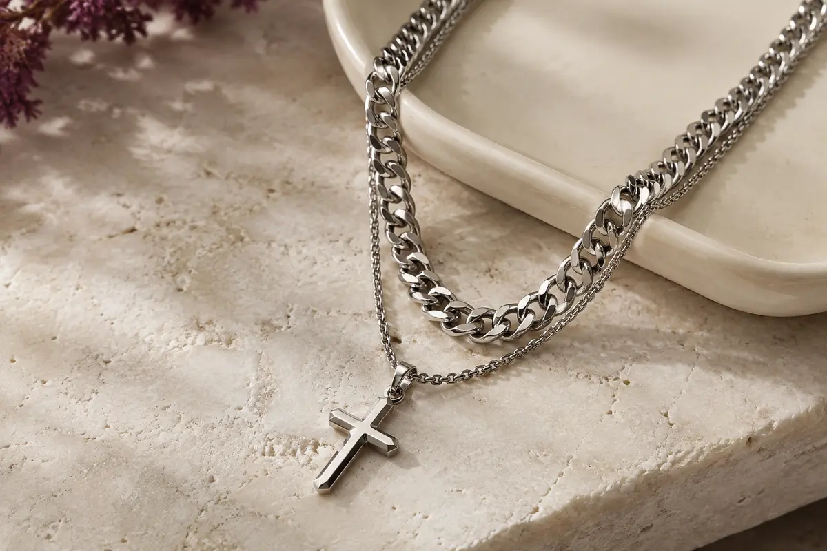 Collier argenté à deux chaînes, avec maille cubaine et pendentif croix, posé sur une pierre claire.