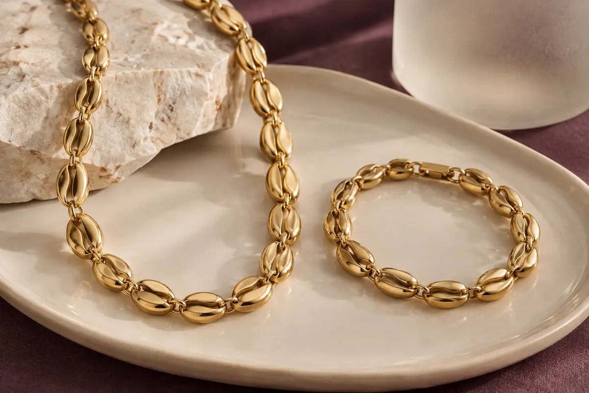 Collier et bracelet dorés à maillons grain de café disposés sur un plateau en céramique ivoire.