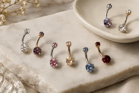 Piercings de nombril courbés ornés de deux zircons colorés, disposés sur une pierre claire