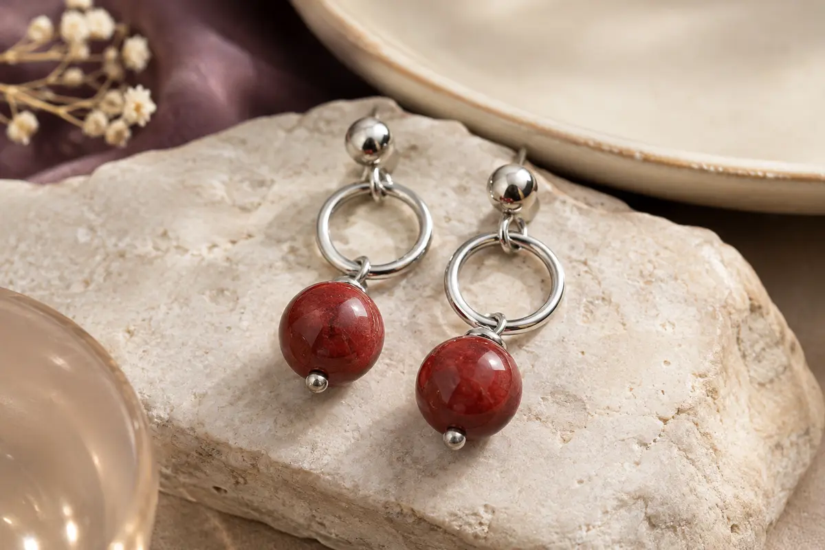Boucles pendantes en acier argenté avec pierres naturelles rouges, posées sur une céramique ivoire.