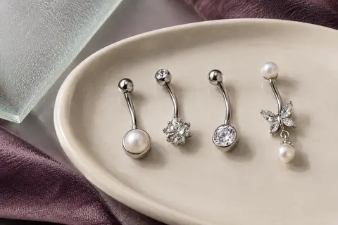 Quatre piercings de nombril argentés, ornés de perles blanches et de détails brillants, posés sur une céramique claire.