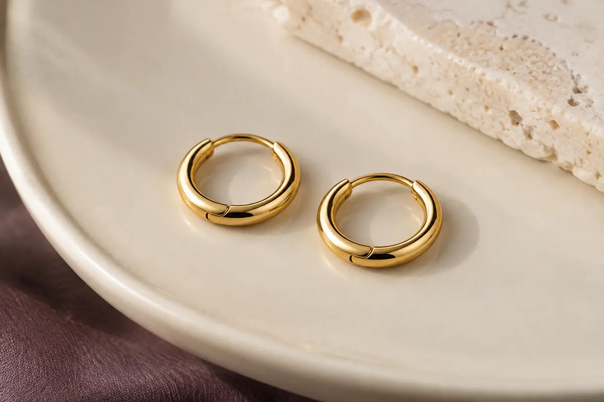 Deux petits anneaux de piercing dorés à charnière posés sur un plateau en céramique ivoire.
