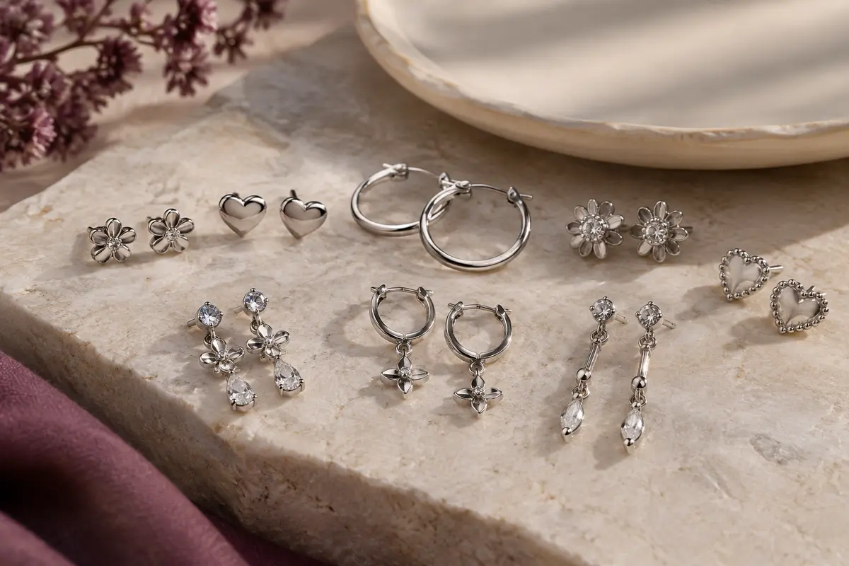 Ensemble de puces, créoles et bijoux pendants argentés disposés sur une pierre claire et une céramique ivoire