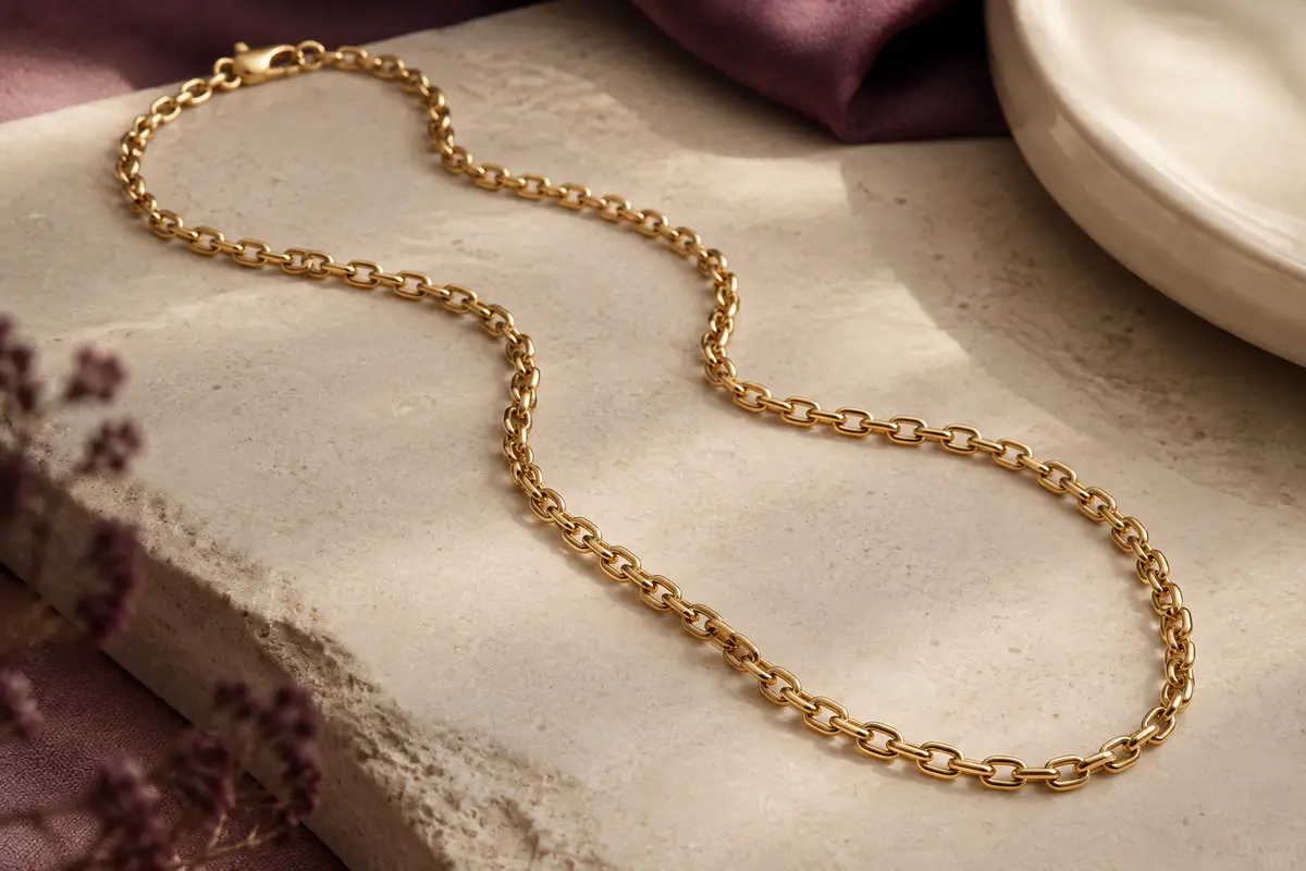 Collier sautoir doré à maille marine disposé en courbe sur une surface claire