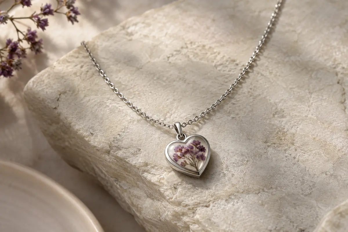 Collier argenté avec pendentif cœur et petit visuel botanique, posé sur une pierre claire.