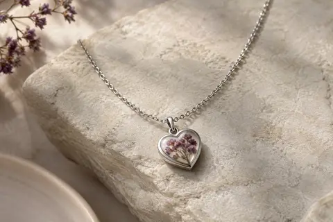 Collier argenté avec pendentif cœur et petit visuel botanique, posé sur une pierre claire.