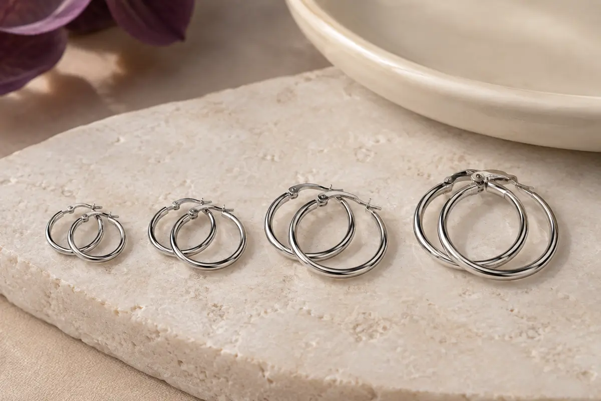 Quatre paires de créoles argentées en acier, disposées par diamètre sur une surface de pierre claire.