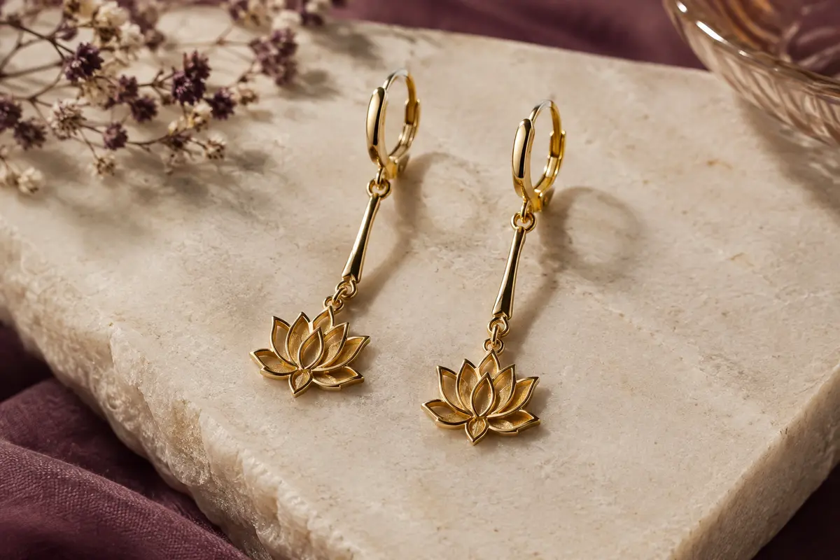 Paire de boucles d’oreilles pendantes dorées en acier inoxydable avec pendentifs fleur de lotus