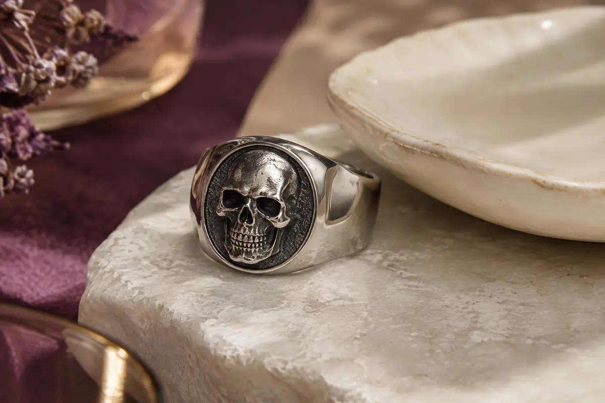 Bague chevalière argentée FaithHeart avec motif de tête de mort, posée sur une pierre claire.