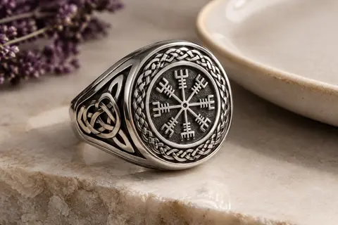 Chevalière argentée en acier, ornée d’un Vegvisir et d’un nœud celtique en relief sur pierre claire.