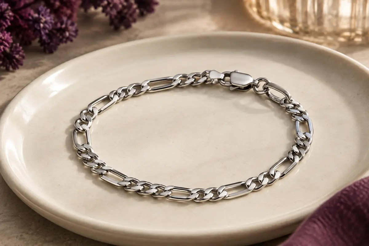Bracelet argenté Flintronic à maille Figaro facettée, posé sur une céramique claire.