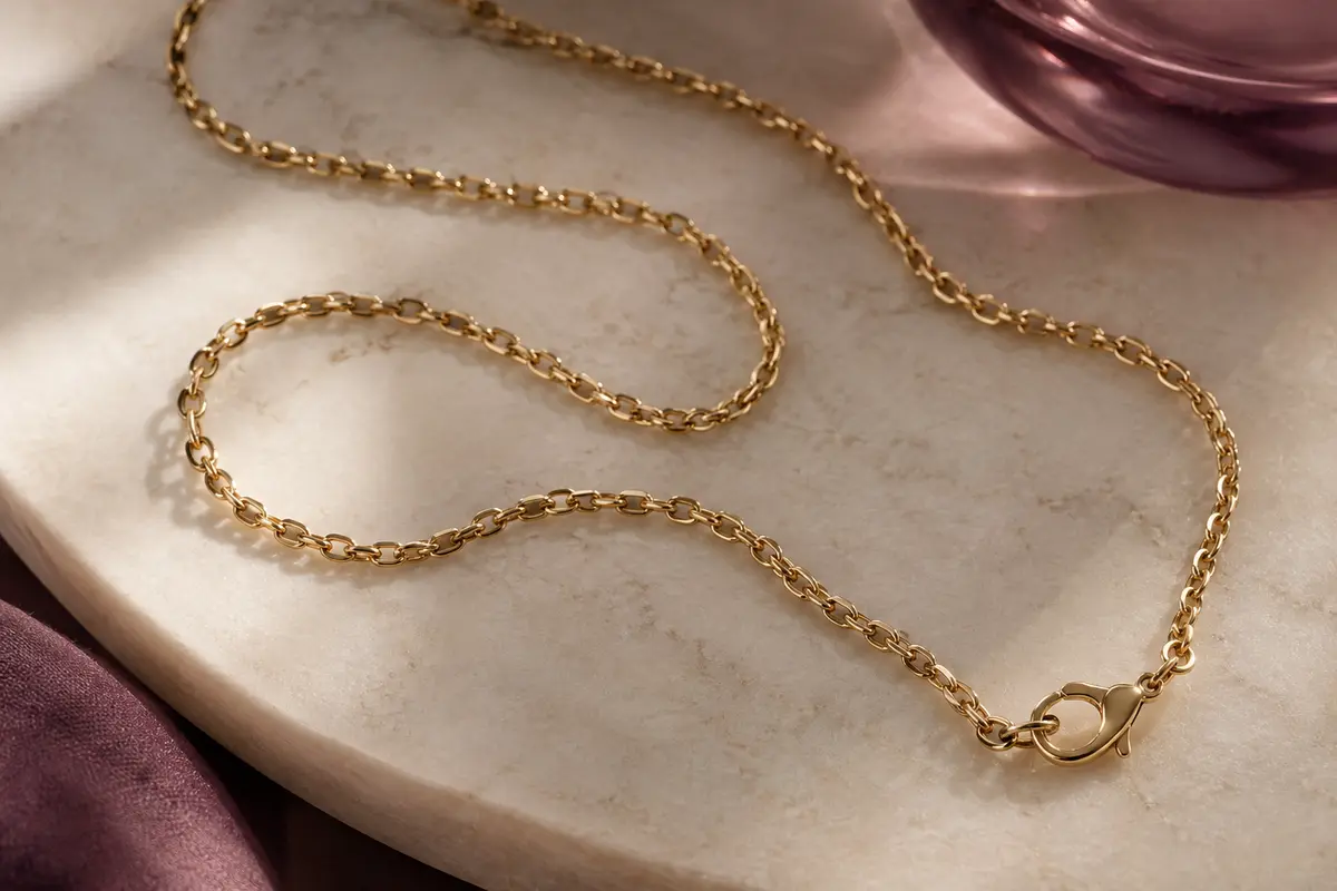 Chaîne dorée fine à maillons Rolo disposée en boucles sur une surface claire