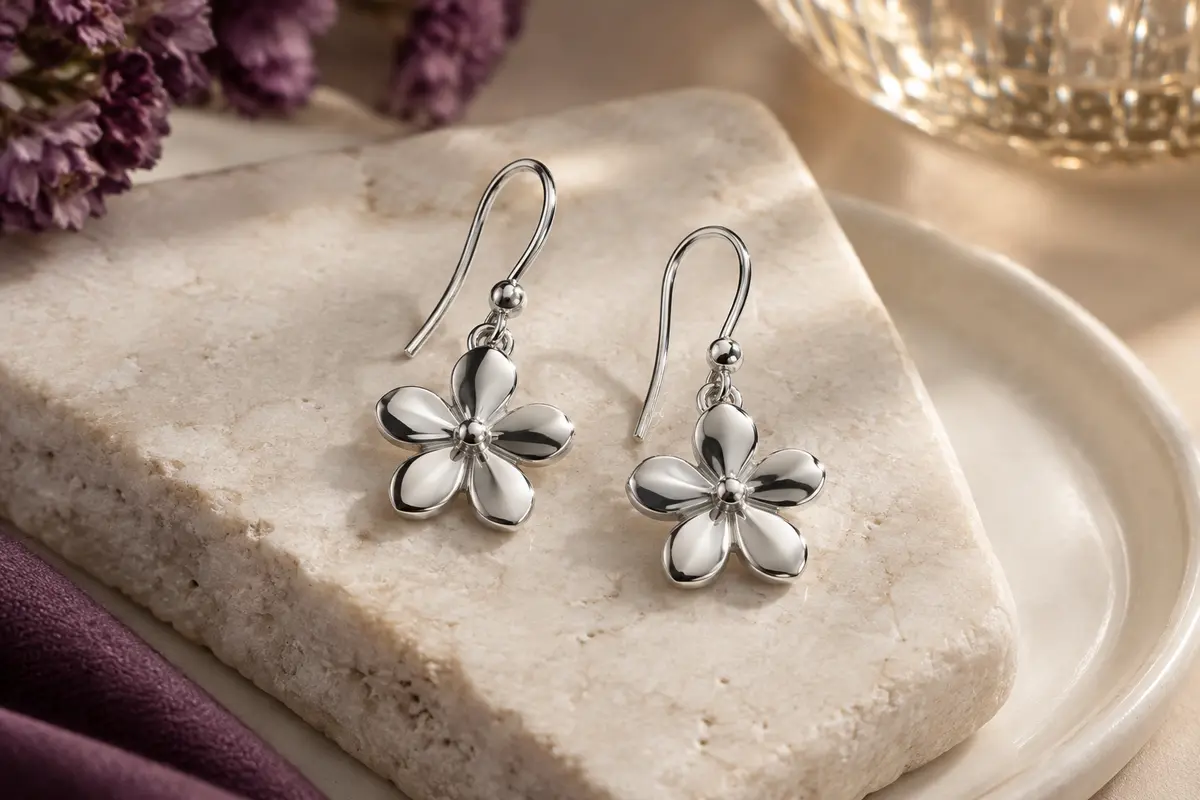 Boucles d’oreilles pendantes argentées à motif de fleur à cinq pétales, posées sur une pierre claire.