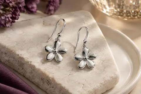 Boucles d’oreilles pendantes argentées à motif de fleur à cinq pétales, posées sur une pierre claire.