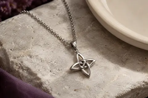 Collier argenté en acier inoxydable avec pendentif poli en nœud de sorcière à quatre pointes