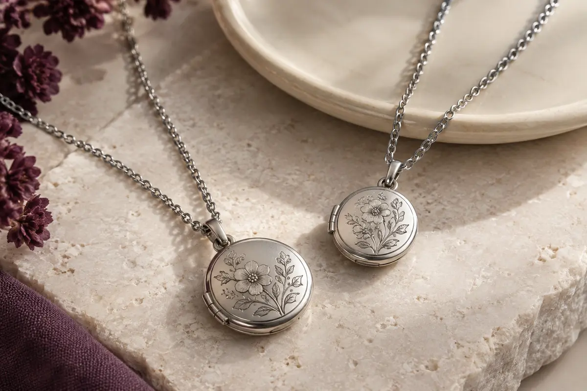 Deux colliers argentés à médaillon rond floral, disposés sur une pierre claire.