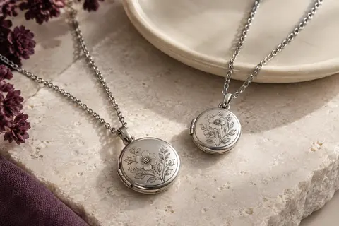 Deux colliers argentés à médaillon rond floral, disposés sur une pierre claire.