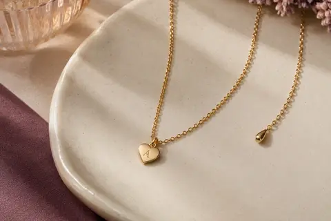 Collier doré à chaîne fine avec petit pendentif cœur portant une initiale, posé sur une céramique ivoire