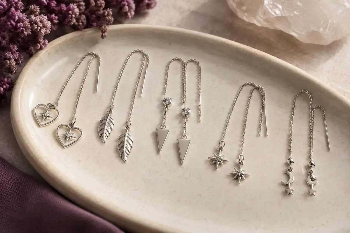 Neuf paires de boucles d’oreilles pendantes argentées à enfiler, aux motifs variés, posées sur une pierre claire.