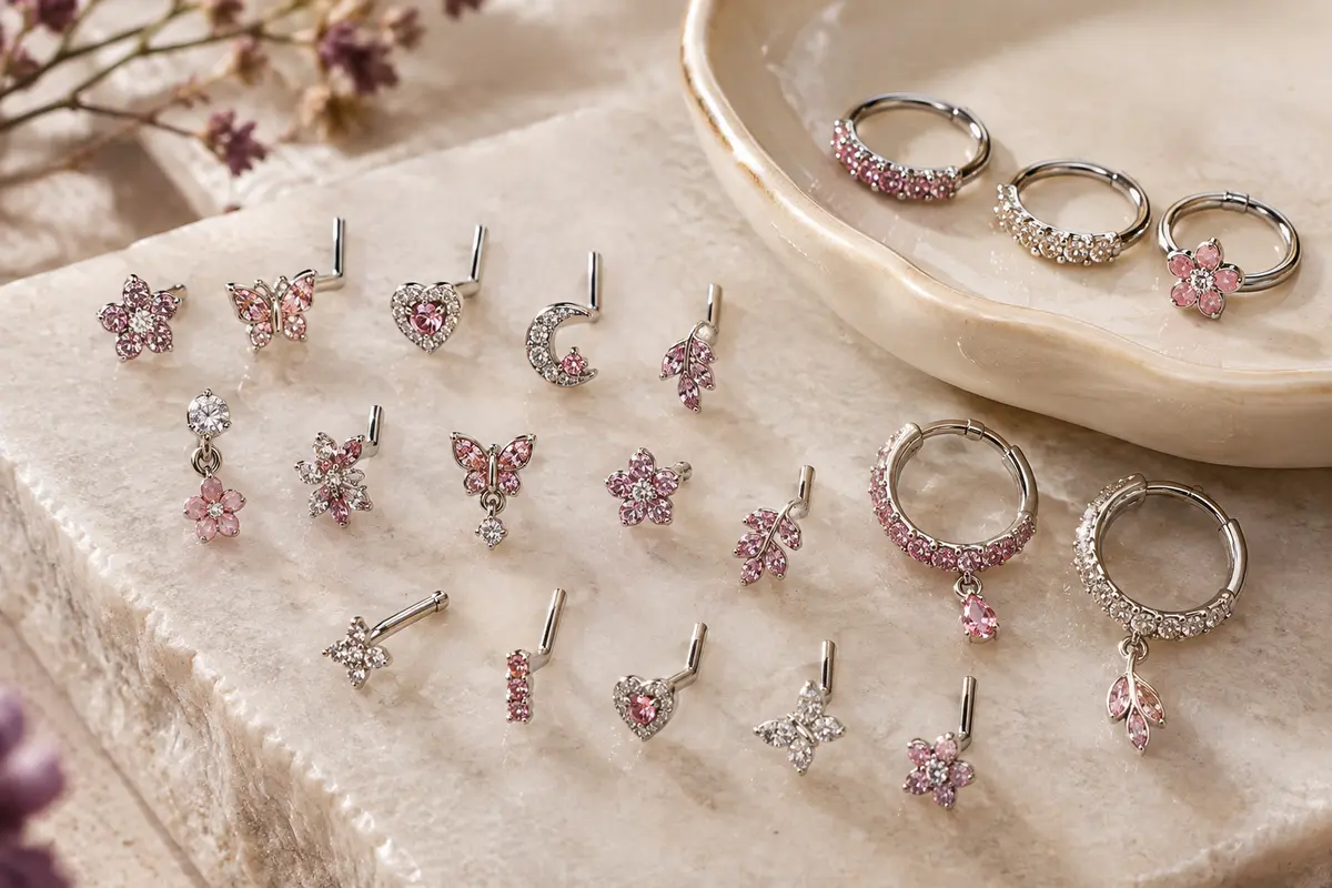 Assortiment de clous et d’anneaux de nez aux motifs variés, posé sur une pierre claire