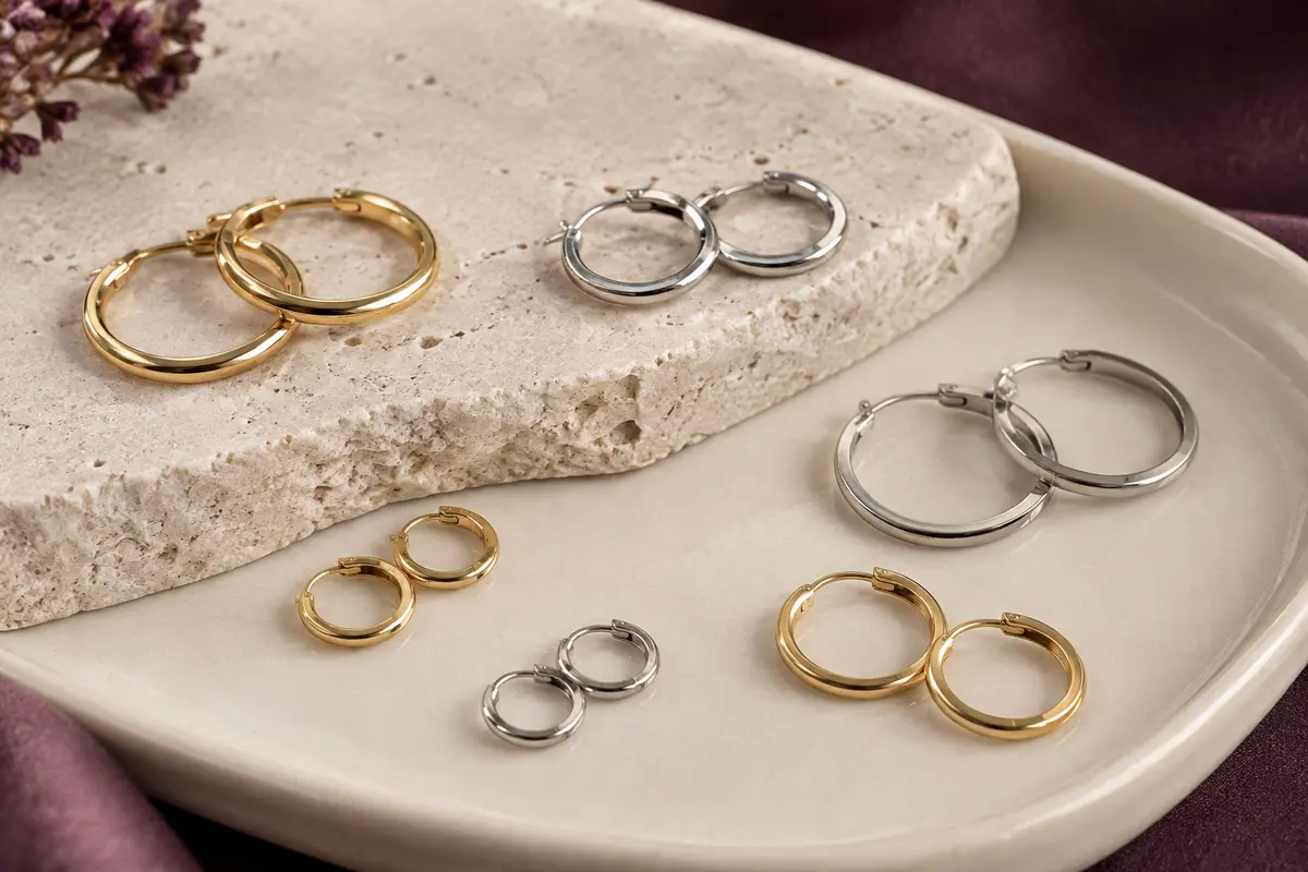 Petites créoles argentées et dorées de différents diamètres disposées sur une pierre claire.