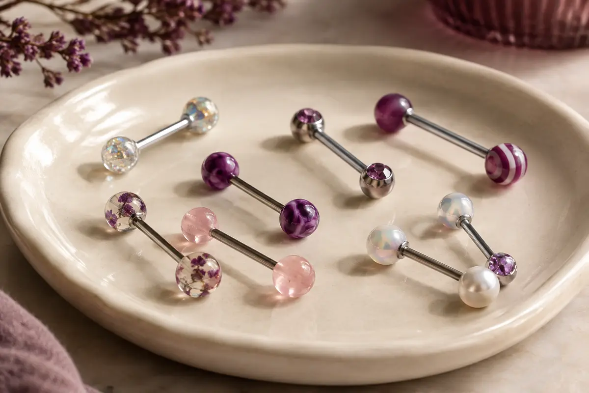 Assortiment de barbells de langue argentés et colorés disposés sur un plateau en céramique claire