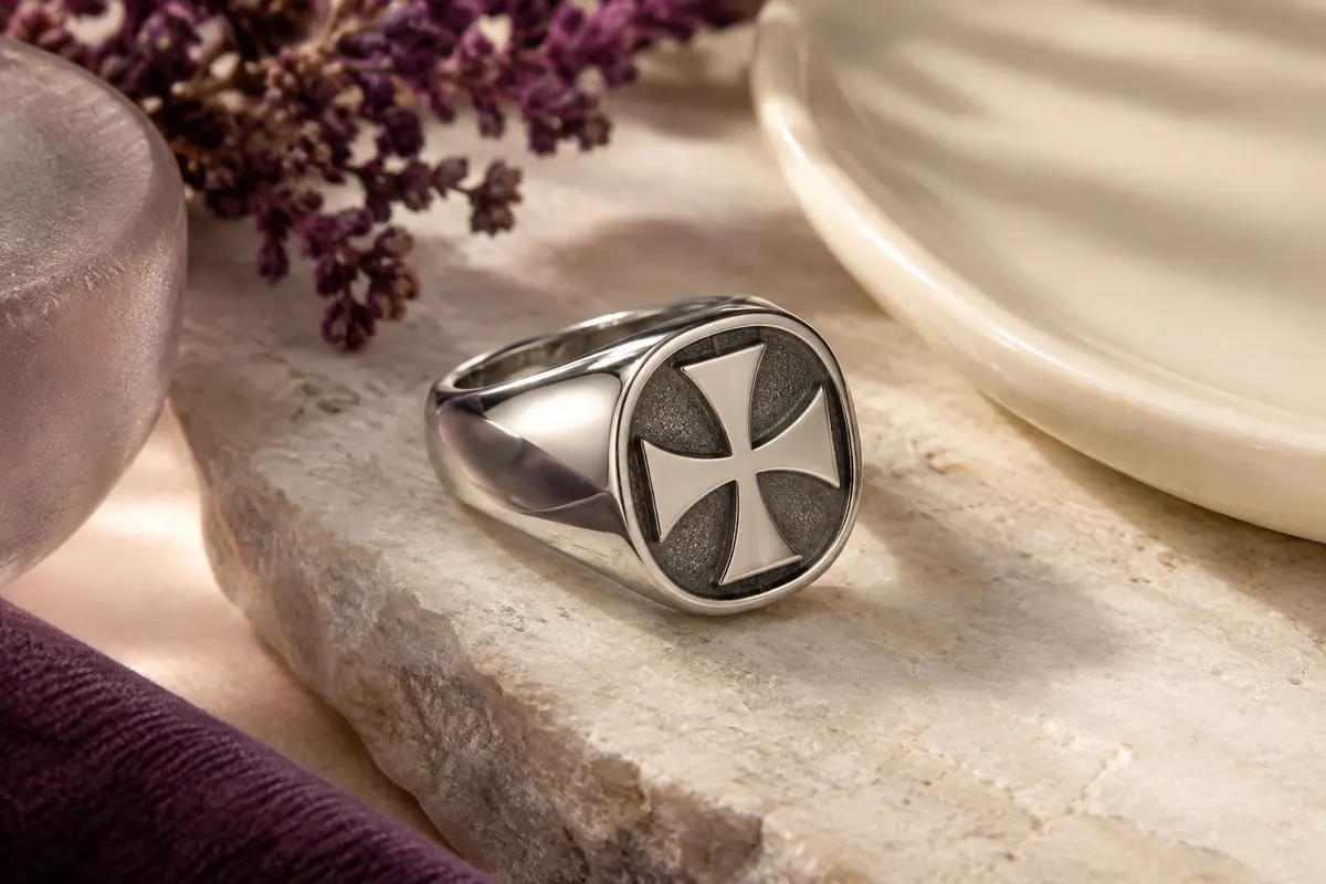 Bague chevalière argentée en acier avec croix templière, photographiée sur une pierre claire.