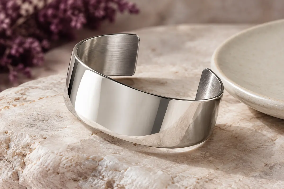 Bracelet manchette ouvert en acier argenté, large et poli, posé sur une pierre claire.