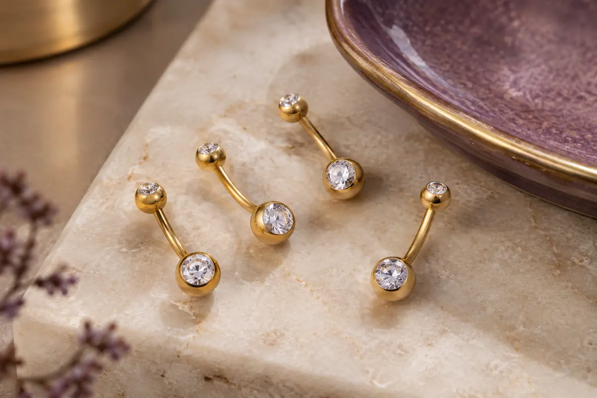 Quatre barres de piercing de nombril dorées avec embouts sphériques et pierres claires, posées sur une pierre ivoire.