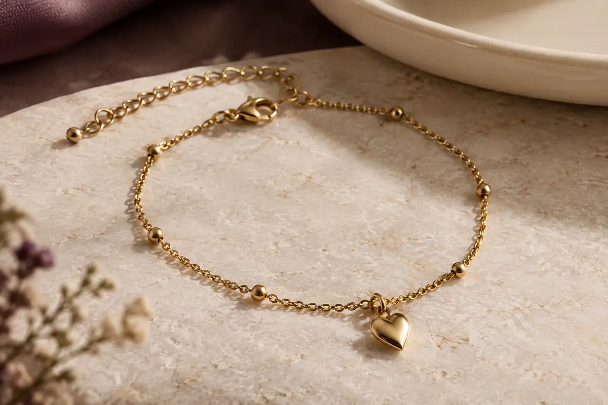 Bracelet de cheville doré avec petit pendentif cœur, posé sur une pierre claire près d’un plateau en céramique.