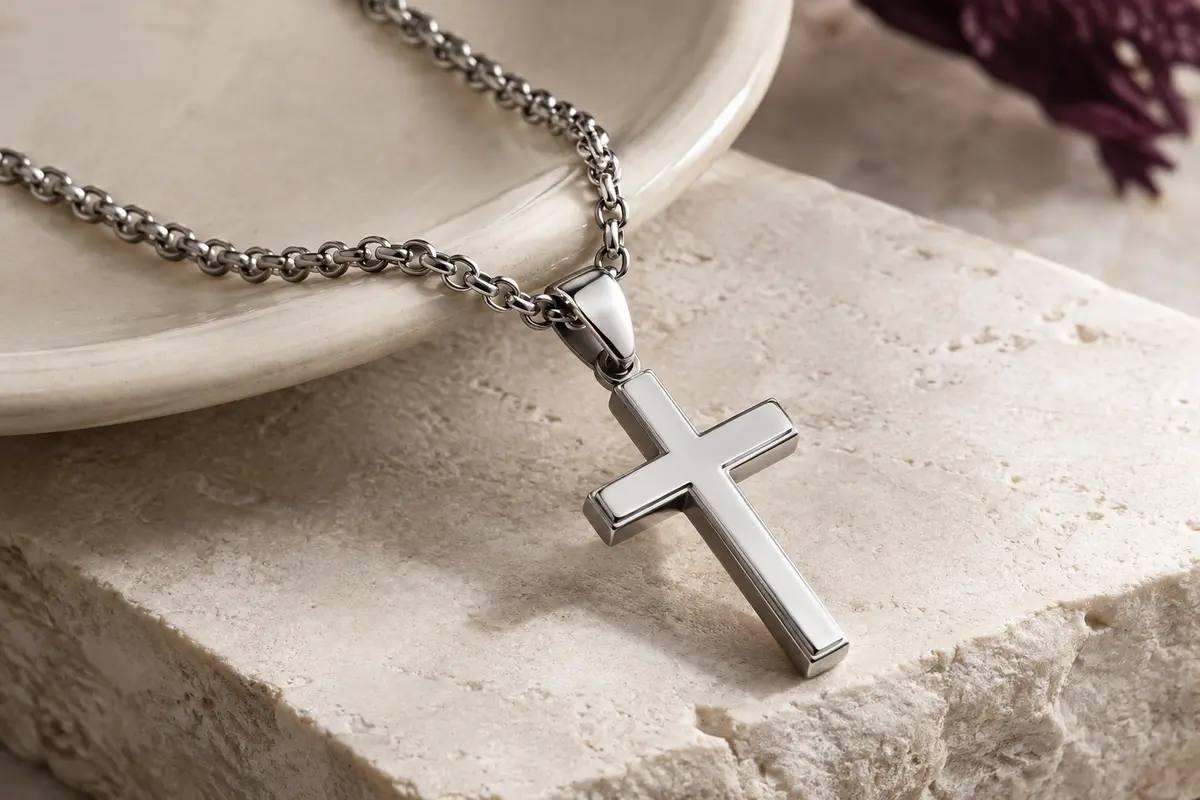 Collier argenté avec pendentif croix classique et chaîne en acier inoxydable posé sur une pierre claire
