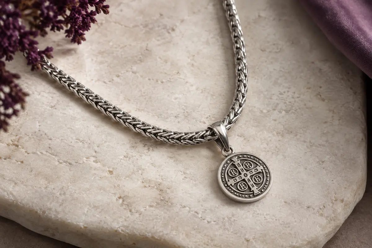 Collier argenté à chaîne spiga et pendentif rond orné d’une croix de Saint Benoît, posé sur une pierre claire.