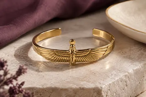 Bracelet manchette doré à motif inspiré d’Isis, posé sur une pierre claire près d’un plateau en céramique