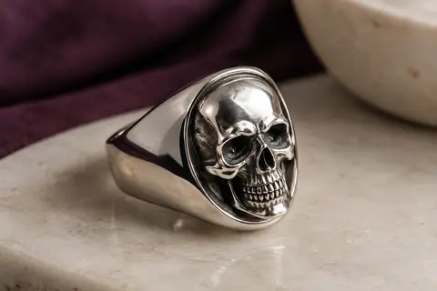 Bague chevalière argentée en acier inoxydable, ornée d’une tête de mort sculptée en relief