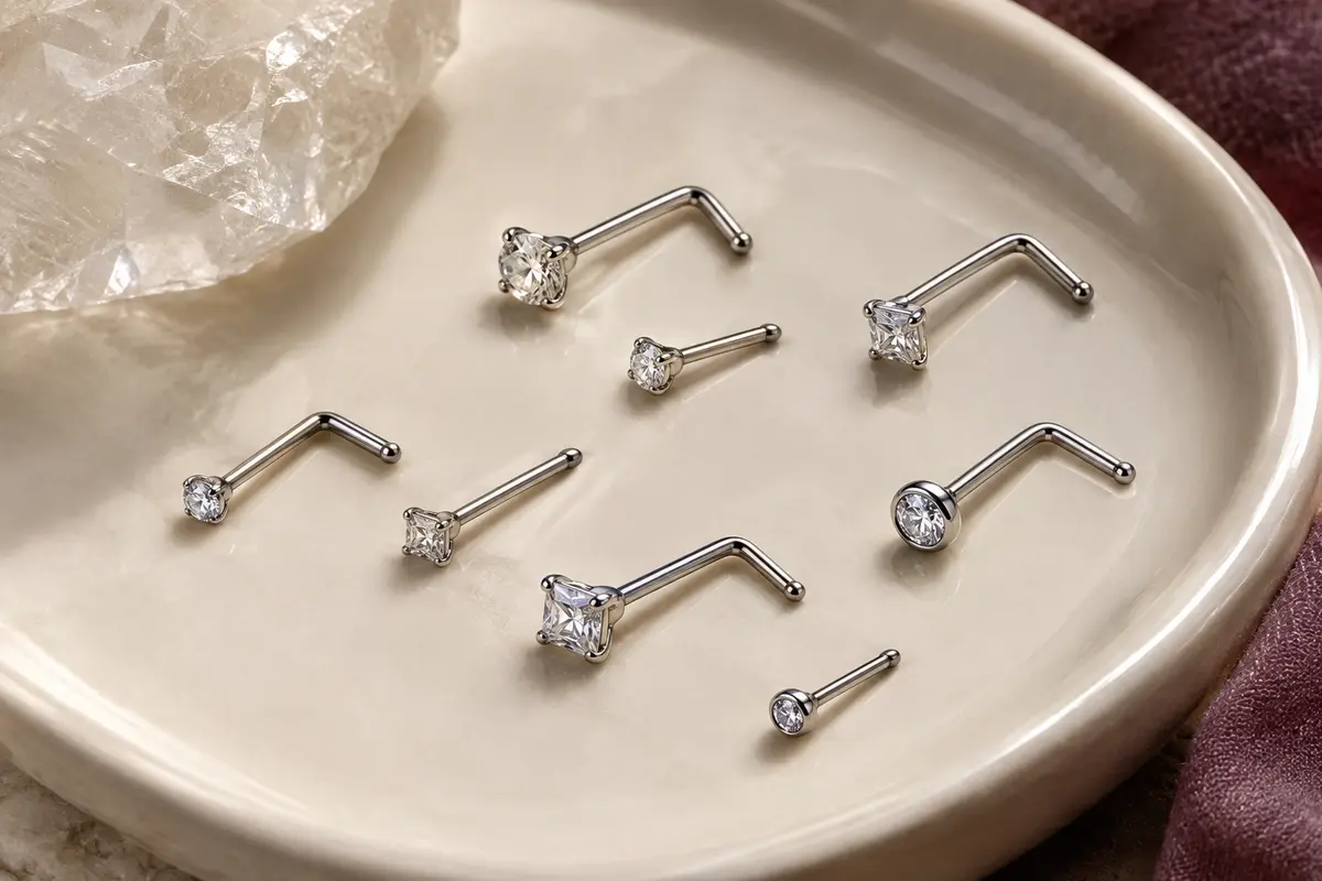 Huit piercings de nez argentés, sertis de pierres rondes et carrées, disposés sur une céramique ivoire.