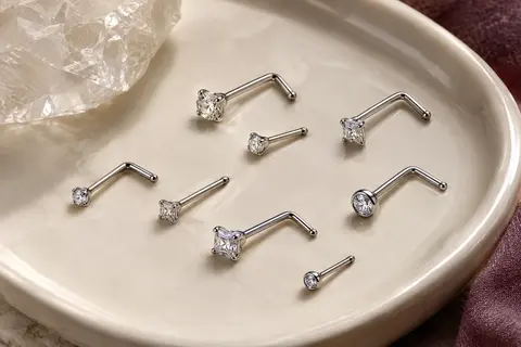 Huit piercings de nez argentés, sertis de pierres rondes et carrées, disposés sur une céramique ivoire.